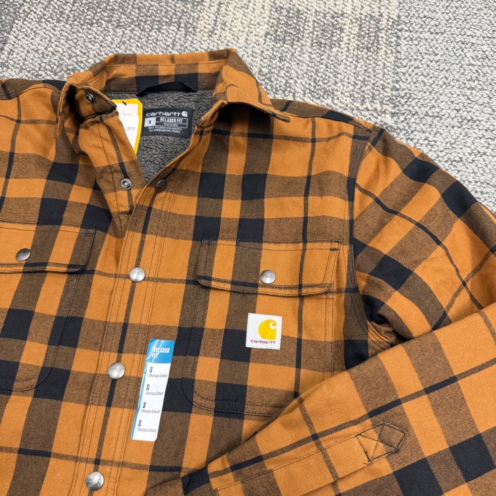 Carhartt Relaxed Fit Flannel Sherpa-Lined Shirt Jac Mens S Brown Plaid Snap Up